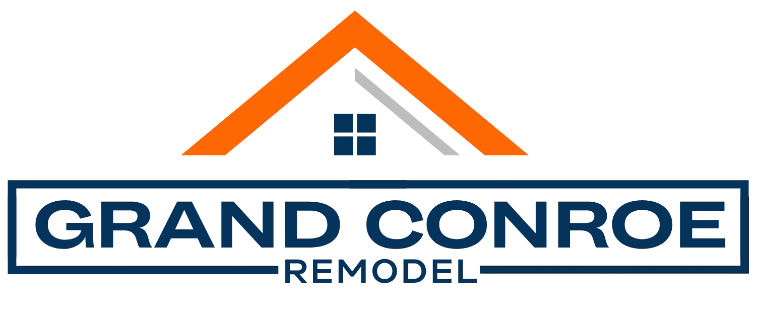 Grand Conroe Remodel logo showing an orange stylized roof above navy blue “Grand Conroe” text with smaller “Remodel” beneath.
