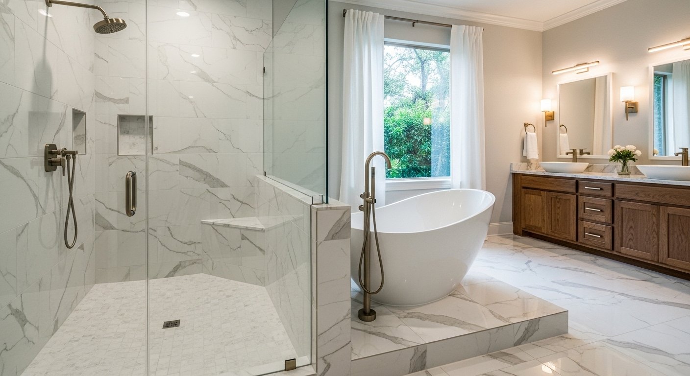 Luxury marble shower with frameless glass and freestanding soaking tub remodel by Grand Conroe Remodel in Conroe, Texas