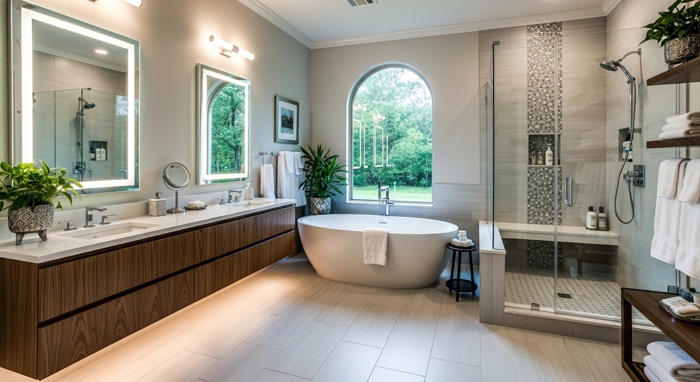 Spa‑inspired master bathroom with freestanding tub and large shower by Grand Conroe Remodel in Conroe Texas
